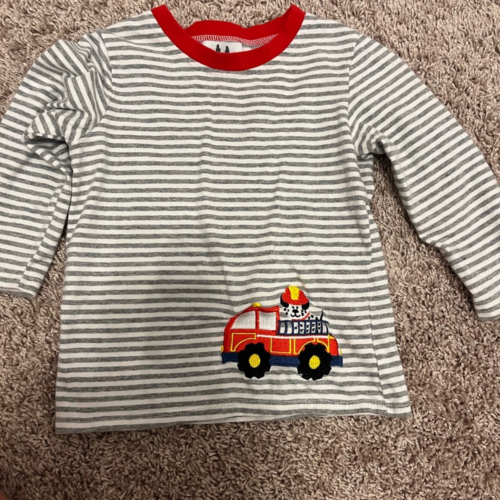 Striped Long Sleeve Shirt with Fire Truck Design